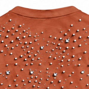 Camiseta Unisex Color Naranja Óxido con Cuentas de Perlas, Moderna, de Manga Corta, Cuello Redondo, Decorada con Perlas, para Ropa Urbana y Uso Diario Informal - Product Image 4