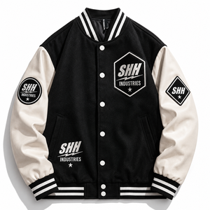 SHH INDUSTRIES Custom Black White Varsity Jacket Men Baseball Bomber with Embroidered Patches Snap Button College Letterman Jack - Product Image 1