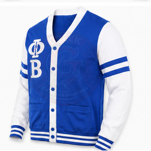 Cardigan en polaire léger Phi Beta bleu roi et blanc avec boutons à lettres grecques – Vêtement de fraternité coupe élégante - Product Image 6