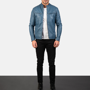 Blouson moto homme en cuir véritable bleu, imperméable, col montant, fermeture éclair, coupe ajustée, longueur standard, couleur unie, style motard - Product Image 6