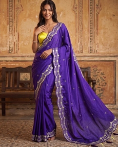 KV Women's Embroidered Bollywood Chiffon <b>Saree</b> (<b>Purple</b>) - Product Image 4