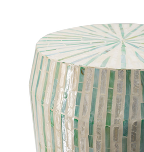 Luxury Mother of Pearl Mosaic Side <b>Table</b> <b>Stool</b> Handcrafted Cylindrical Accent <b>Table</b> with Coastal Blue Shell Inlay - Product Image 3