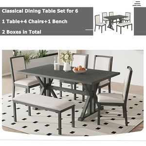 Set da Pranzo Classico in Stile Fattoria con 6 Pezzi: Tavolo con Gambe a Cavalletto e 4 Sedie Imbottite, Tavolo da Cucina per 6 Persone - Product Image 2