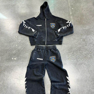Black Denim Look Cropped <b>Zip</b> <b>Up</b> Hoodie & Pants Set | Vintage Washed Streetwear Tracksuit | Flame Graphic Oversized Two Piece set - Product Image 1