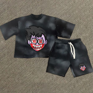 Ensemble T-shirt et short surdimensionné pour homme en coton délavé, imprimé graffiti personnalisé, effet vieilli, tenue décontractée deux pièces - Product Image 5