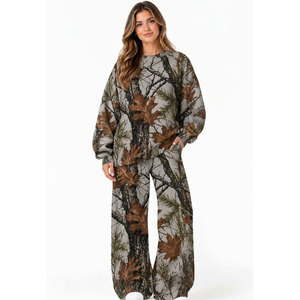 Wholesale Supplier <b>Women</b> Autumn Leaf Print Fleece Sweatshirt and Pants Set Loose Crewneck Top Wide Leg Lounge <b>Outfit</b> - Product Image 6