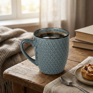 Set of 2 Smoky <b>Slate</b> Blue Glazed Ceramic Mugs with Saucers Microwave Safe for Enjoying Cappuccinos - Product Image 2