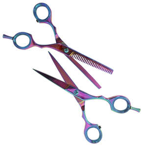 Juego de tijeras profesionales para cortar y entresacar cabello Rainbow Titanium, tijeras de peluquería con tornillo de tensión ajustable - Product Image 6