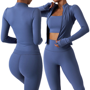 Ensemble de yoga 3 pièces bleu : haut court à col roulé, leggings taille haute, longueur intégrale, sans couture, avec fermeture éclair, respirant, en Spandex et Polyester - Product Image 1