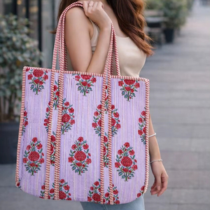 กระเป๋าโท้ทใบเล็กพิมพ์ลายบล็อกสำหรับผู้หญิง กระเป๋าถือสำหรับช้อปปิ้ง ไปเที่ยวทะเล ใช้ในชีวิตประจำวัน กระเป๋าถือแบบอินเดียดั้งเดิม สวยงาม หรูหรา - Product Image 1