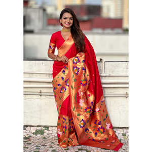 ผ้าไหมปาธานีสีแดงลายทอแบบอีลิท พร้อมผ้าคลุมไหล่ทอแบบฮาล์ฟฮาล์ฟ ขอบใหญ่ลายปักดิ้นทอง น้ำหนัก 700 กรัม - Product Image 5