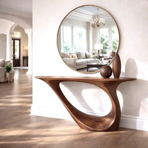 Meuble d'entrée moderne pour maison/hôtel, console en bois massif brun, base irrégulière en forme de vague, plateau noir artisanal - Product Image 1