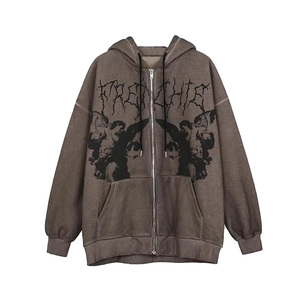 Sweat-shirt à capuche zippé pour homme, coupe oversize, en coton French Terry, avec logo imprimé sur le devant, style streetwear automne, coupe classique, tricoté - Product Image 1
