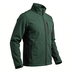Prenda de trabajo y actividades al aire libre de softshell verde bosque con paneles laterales negros, resistente a la intemperie, con cuello alto y cremallera completa. - Product Image 4