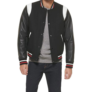 เสื้อแจ็คเก็ต Letterman สีดำสำหรับผู้ชาย AL SWANS INTERNATIONAL แขนเสื้อทำจากผ้าวูล/วิสโคส แผงไหล่สีขาว กันลม ติดกระดุมแบบปกปิด ทรงปกติ - Product Image 2