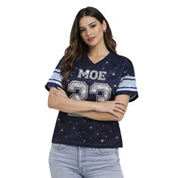 Maillot de football américain de luxe pour femme, avec strass 3D, maille bleu foncé, streetwear, nom de marque personnalisé, esthétique Y2K, uniforme d'équipe, ODM