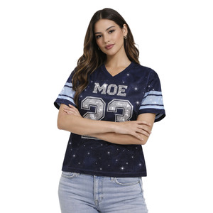 เสื้อฟุตบอลอเมริกันผู้หญิงสุดหรู ประดับเพชร 3 มิติ สีน้ำเงินเข้ม ผ้าตาข่าย สตรีทแวร์ แบรนด์ตามสั่ง สไตล์ Y2K ชุดทีมแบบ ODM - Product Image 2