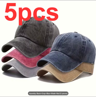 Lot de 5 casquettes de baseball en jean délavé couleur unie, style vintage, texture douce, décontractées, sportives, unisexe – Kaki, Gris, Bleu marine, Noir, Rouge bordeaux
