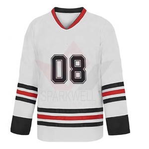 Maillot de hockey sur glace blanc personnalisé pour homme, col en V, manches longues, respirant, imprimé par sublimation, en polyester, vêtement de sport, coupe classique - Product Image 1