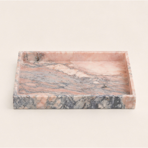 Plateau rectangulaire moderne en marbre rose crème, organisateur de luxe en pierre naturelle pour salle de bain, bijoux et bougies - Product Image 5