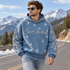 Men's Blue <b>Velour</b> <b>Hoodie</b> Rhinestone Hip Hop Pullover Sweatshirt Letter Design Regular Fit Autumn Wholesale Rate OEM Custom - Product Image 2