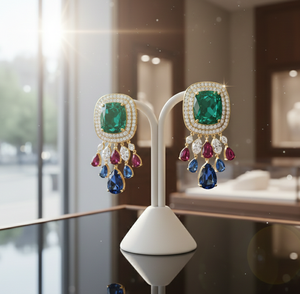 Boucles d'oreilles audacieuses et colorées en pierres précieuses vertes, octogonales, rouges, bleues, hydro, en argent 925 plaqué or, petites boucles d'oreilles pour soirée, bijoux - Product Image 4