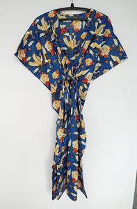 Robe Kaftan Indienne en Coton pour Femme, Imprimé Floral Vintage Jungle, Dentelle, Imprimé Oiseaux Bleus, Longueur Genou, Manches 3/4, Silhouette Trapèze - Product Image 3