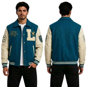Blouson universitaire gris brodé en laine avec manches en cuir, design détaillé au dos, col côtelé, fermeture à boutons-pression, blousons épais - Product Image 5