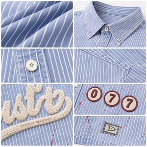 Camisa Y2K con Apliques de Chenilla a Rayas Azules, Personalizada, para Hombre, Estilo Oversize, Corte Cuadrado, con Botones, Manga Corta, Estilo Urbano Retro, 240g Algodón - Product Image 6