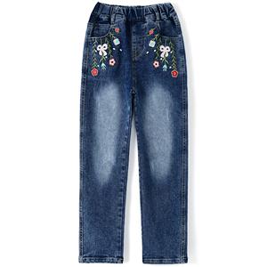 Girls Floral Embroidered Relaxed Fit Denim <b>Jeans</b> <b>Elastic</b> <b>Waist</b> Kids Casual Straight Leg Pants OEM ODM Wholesale Apparels - Product Image 2