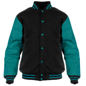 Unisex Premium Wool College Bomber <b>Jacket</b> Wholesale Varsity Letterman Hooded Front Stand Black Wool Body Sky Blue - Product Image 6
