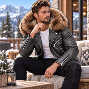 <b>Men's</b> Premium Exotic Python Leather Biker <b>Coat</b> with Fox Fur Hood Moto Fashion Jacket | Herren Lederjacken | Chaqueta Hombre - Product Image 3