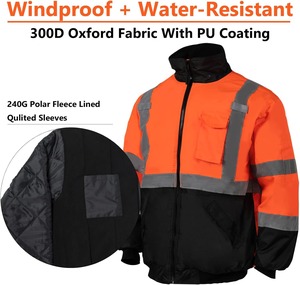 Men's High Visibility Work <b>Jacket</b> Orange Black Reflective Stripes Windproof <b>Fleece</b> <b>Lined</b> Zipper Closure Pockets Winter Wear - Product Image 2