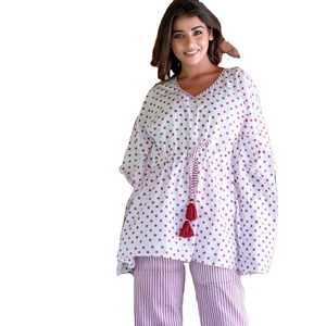 New Stylish Women Polka Dot Printed Casual Short <b>Kaftan</b> Top With Pant Indian Handmade 100 % Cotton Printed <b>Kaftan</b> for Women - Product Image 1