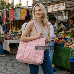 Bolsa de Mano Acolchada Hecha a Mano con Estampado de Bloques para Primavera, Verano y Otoño, 100% Algodón, con Cierre, Bolsillos Grandes Reutilizables para Compras, Venta al por Mayor en Jaipur - Product Image 6