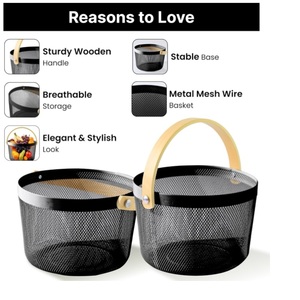Panier circulaire en métal moderne et écologique avec poignée en bois pour le stockage des aliments, capacité multifonctionnelle, panier à fruits et légumes - Product Image 4