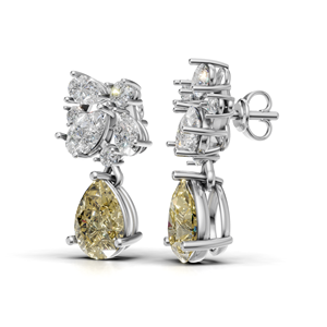 Boucles d'oreilles pendantes de luxe en or 18 carats avec diamant jaune taille poire et grappe florale de diamants blancs - Product Image 2