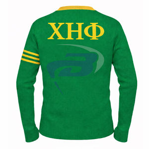 Suéter Cárdigan de la Hermandad Chi Eta Phi, Verde Tejido con Rayas Amarillas y Logotipo Bordado, Ropa de la Hermandad CEPhi Griega - Product Image 2