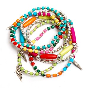 Handmade Colorful Beaded <b>Silver</b> <b>Bracelet</b> Set | Boho <b>Feather</b> Charm Layered Stackable Summer Jewelry Gift for Women - Product Image 1
