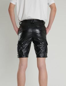 Short cargo en cuir véritable, short respirant et écologique, short décontracté à plusieurs poches, short à taille mi-haute élastique - Product Image 2
