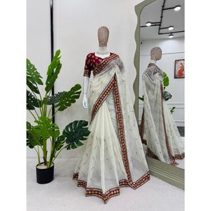 DESIGNER TABBY FIL DE SOIE SEQUENCE TRAVAIL SAREE AVEC CHEMISIER NON COUDU BLANC - Product Image 1