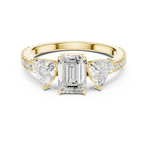 Yellow Gold <b>Emerald</b> Cut Three Stone <b>Ring</b> with Trillion Side Stones Pave <b>Band</b> Women Engagement Fashion Jewelry <b>Ring</b> - Product Image 1