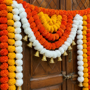 Orange Yellow <b>White</b> Marigold Garland Toran with Golden Bells Festive Door <b>Hanging</b> for Wedding Diwali and Home Decor Entrance - Product Image 3