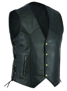 <b>Men's</b> <b>Black</b> Genuine Leather V-neck Moto <b>Vest</b> Solid Color Zipper Pocket Regular Length Outerwear - Product Image 3