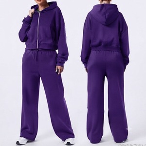 Ensemble de survêtement hiver à manches longues, couleur personnalisée, sweat à capuche uni en molleton, éco-responsable, 100% coton, 2 pièces - Product Image 2