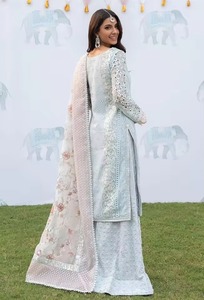 Vestido Anarkali Pakistaní Premium Azul Hielo Brillante, Largo, con Cuerpo Adornado con Cristales y Detalles Intrincados en Plata - Product Image 4