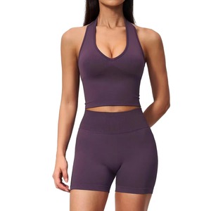 Seamless <b>Halter</b> <b>Neck</b> Yoga Set Women 2 Piece Sports <b>Bra</b> and Shorts V <b>Neck</b> Knitted Fitness Outfit Running Wear - Product Image 4