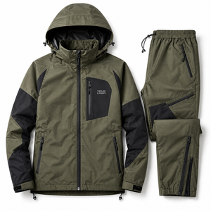 Conjunto de Chaqueta Cortavientos con Capucha, Puños Elásticos, Cordón Ajustable en el Bajo, Paneles Raglán, Logotipo Impreso Personalizado, Tela Ripstop de Poliéster, Impermeable para Otoño - Product Image 1