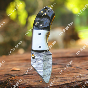 Cuchillo de Camping EDC de Acero de Damasco Hecho a Mano, Hoja Afilada como una Navaja, Mini Cuchillo de Bolsillo con Mango de Cuerno de Carnero y Funda de Cuero, Venta al por Mayor ODM/OEM - Product Image 3