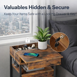 ELVROGEST SA Industrial Nightstand with Wireless Charging Station, 3 Drawers, USB Ports, Rustic Wood <b>Bedside</b> <b>Table</b> Storage - Product Image 4